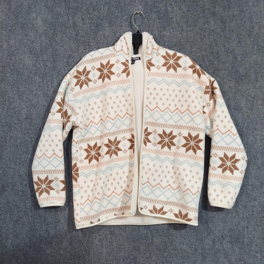 Steve Madden Jacket Teens S‎ White Fair Isle Fleece Open Front Hooded Snowflake